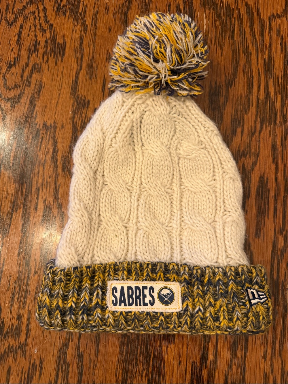 Buffalo Sabres Kids White Cable Knit Pom Beanie